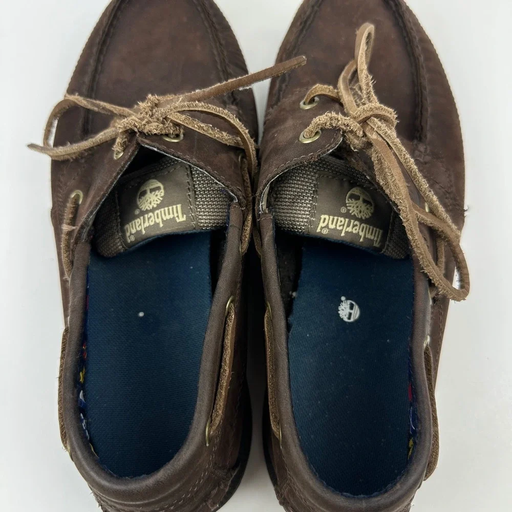 Timberland Mens Boat Shoes Dark Brown Leather Moc Toe Loafers Nautical Size 10